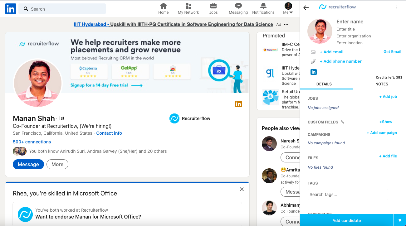 Recruiterflow Software - Source candidates and clients across the web using the chrome extension