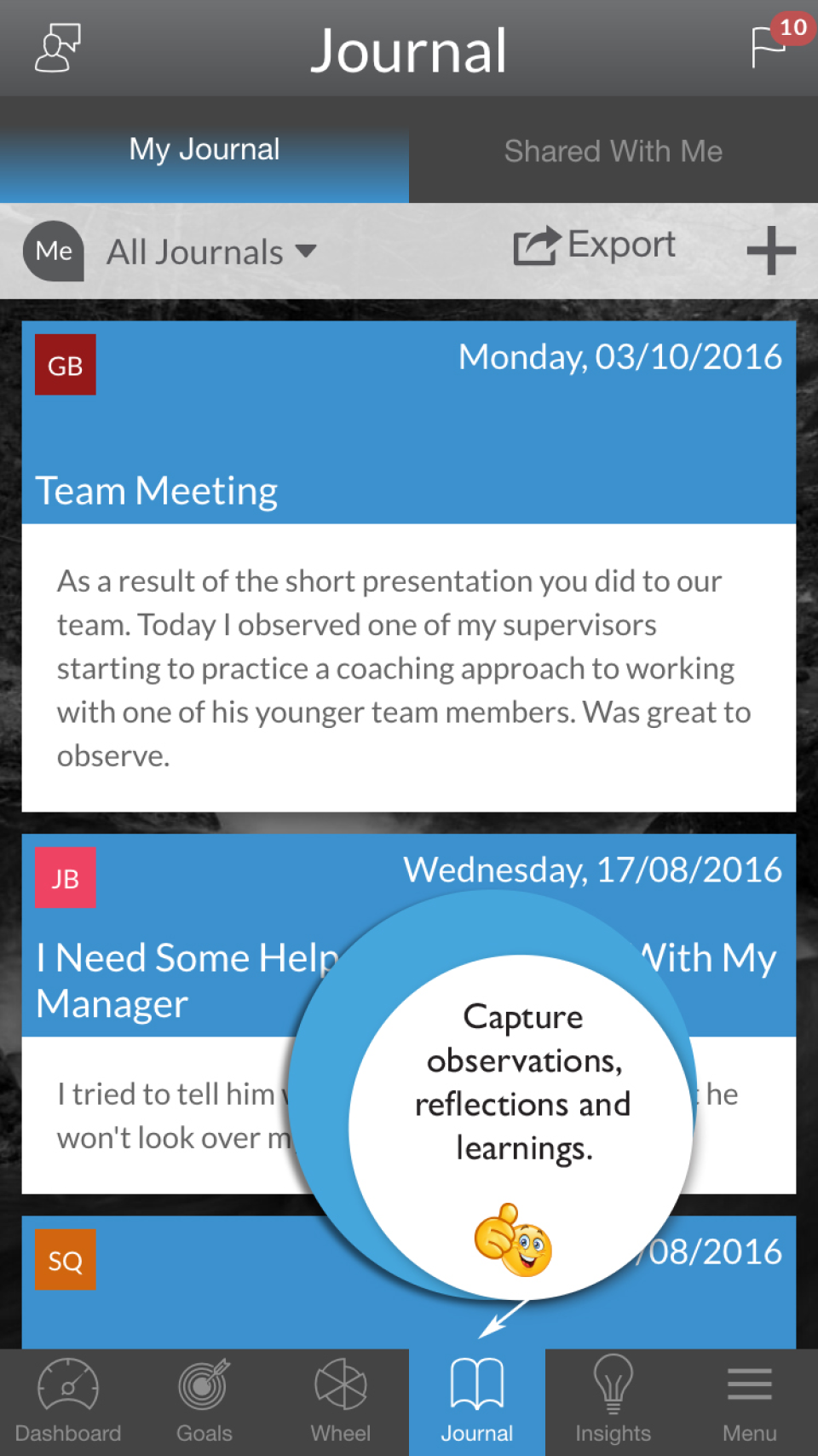 The journal allows clients to record observations, learnings, and reflections