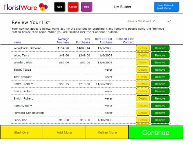 FloristWare Software - Users can view and review customer lists with FloristWare