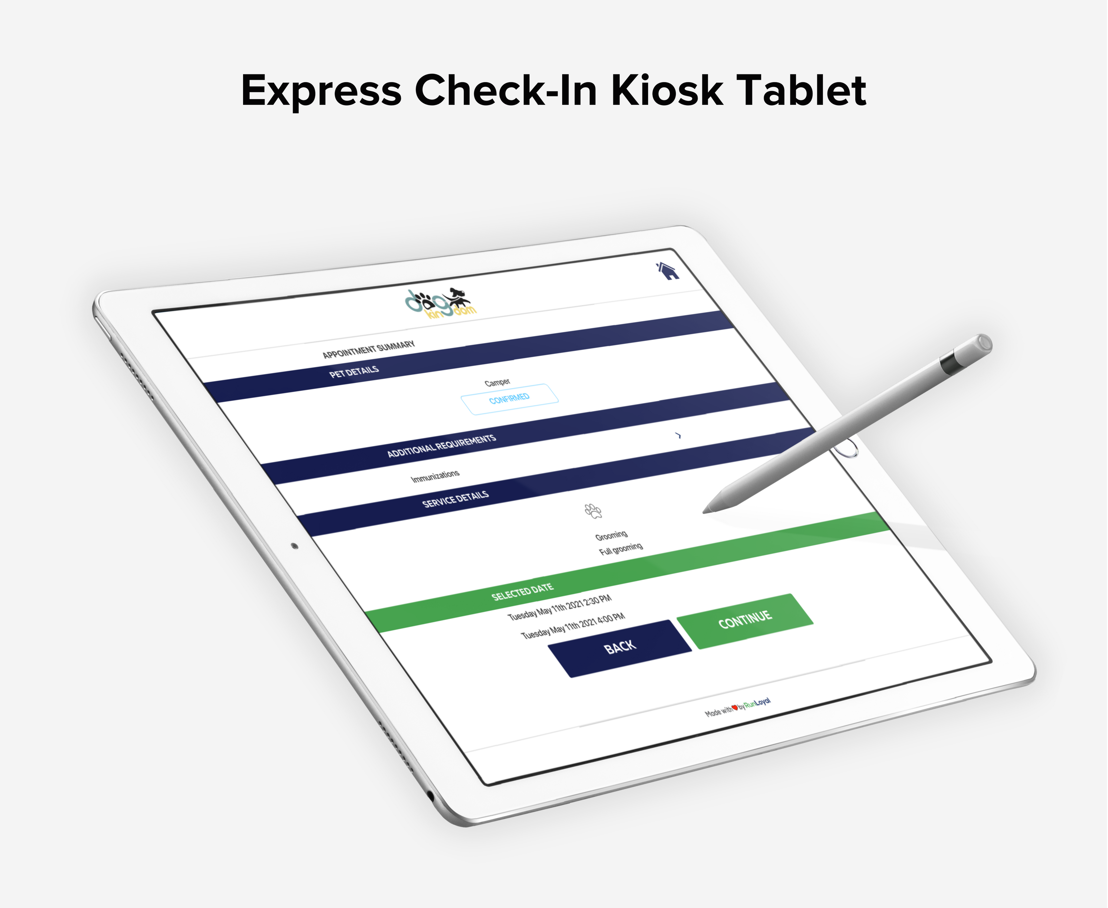 Introducing the First Express Check-In Device for Pet Businesses. Save you and your customers time by allow your customers to check-in/out, add belongings, notes, and sign and pay for their visit with ease.