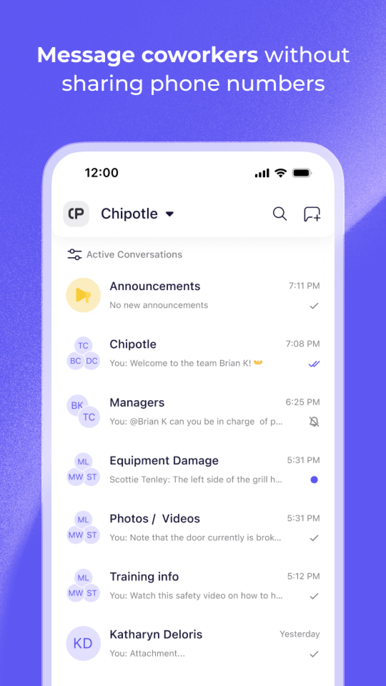 Breakroom screenshot: Message coworkers without sharing phone numbers