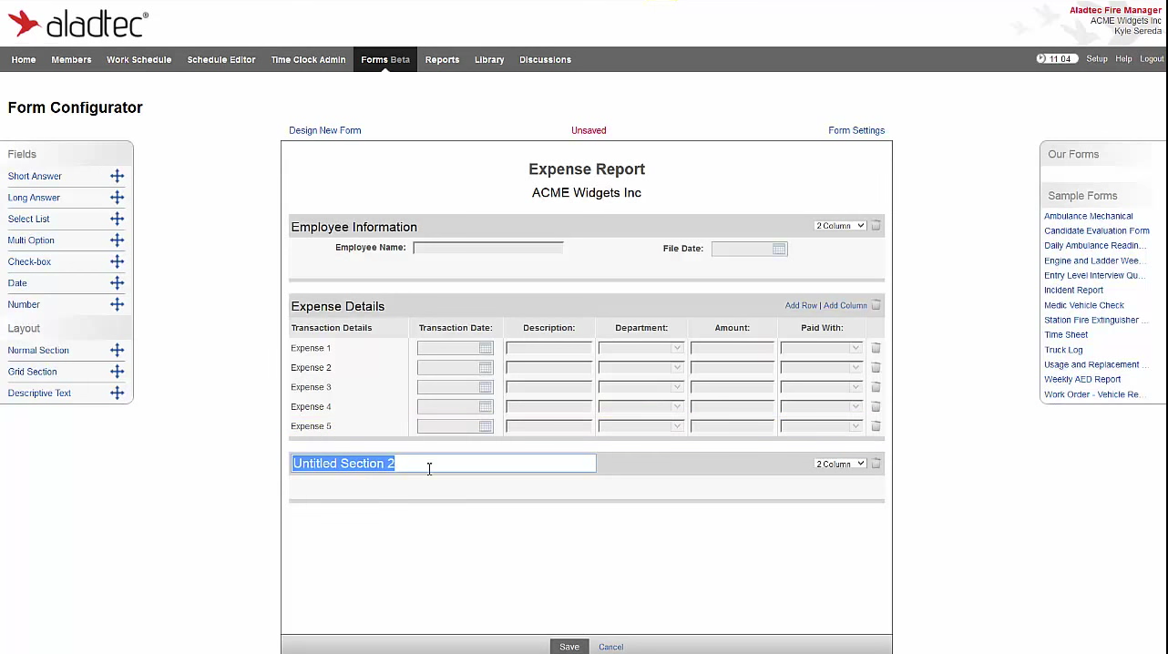 Aladtec Software - Using Aladtec's form builder, users can drap and drop sections to create custom reports