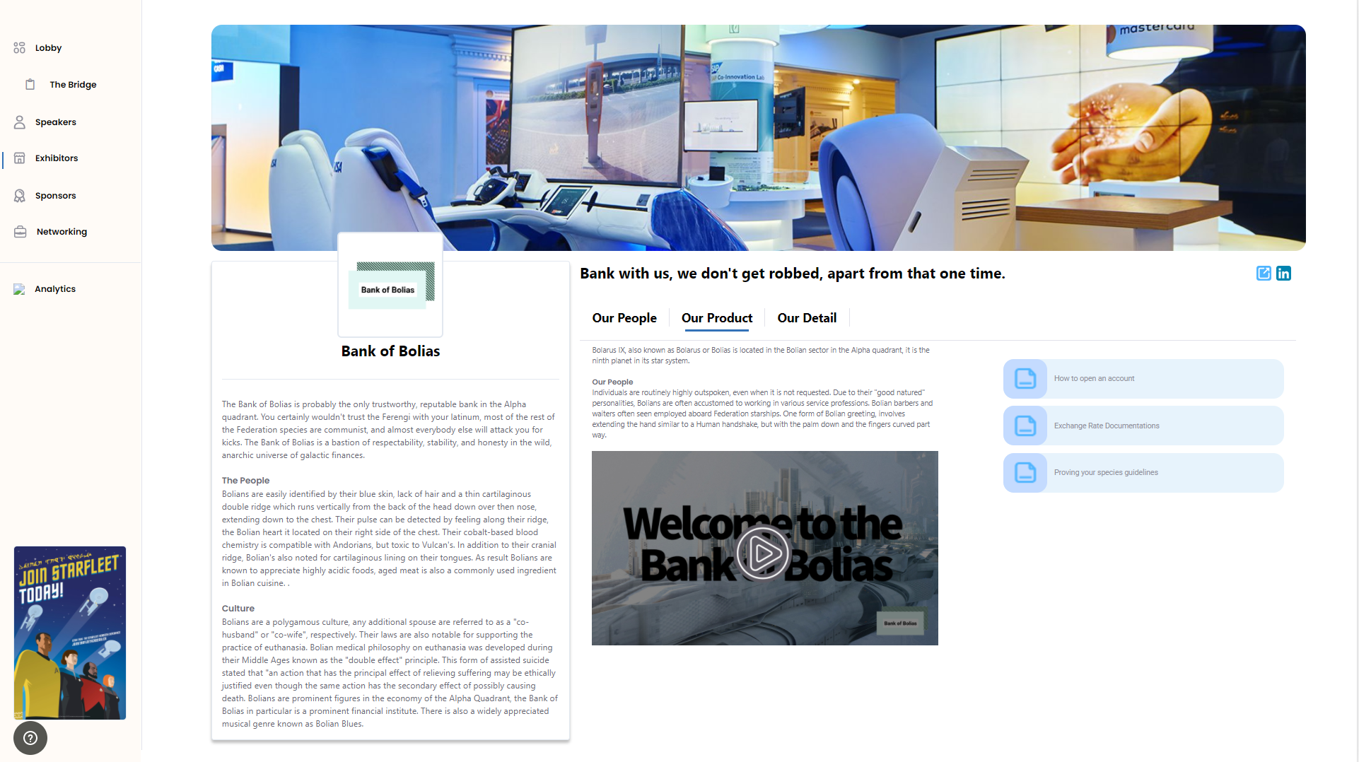 After browsing the exhibitor profiles, your guests can interact with your Exhibitor microsites. Information, Embeddable slides/videos, Contact forms, Virtual business cards and more.-thumb