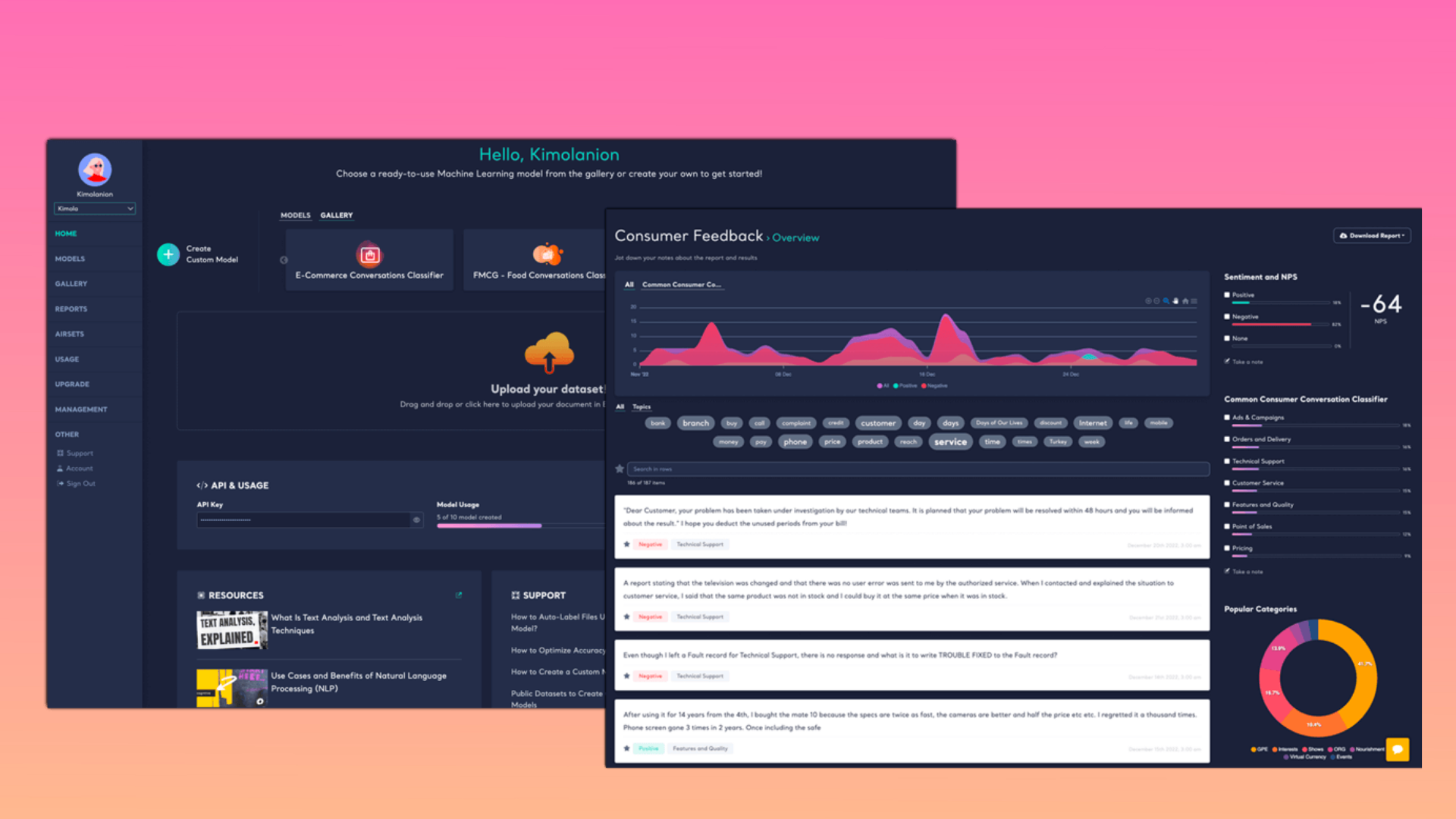 Kimola Cognitive screenshot: After signing up, Kimola Cognitive's home page full of support articles, resources and pre-built models welcome you.