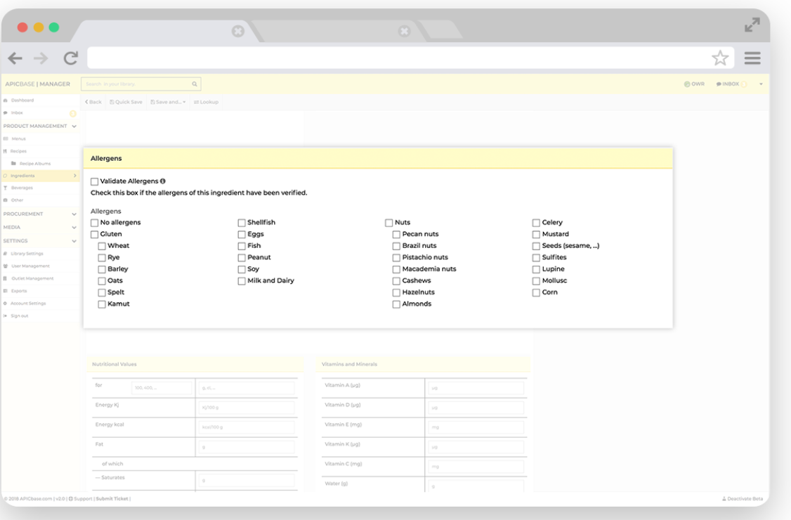Keep track of allergens and nutrition information, and easily share with staff and customers.
