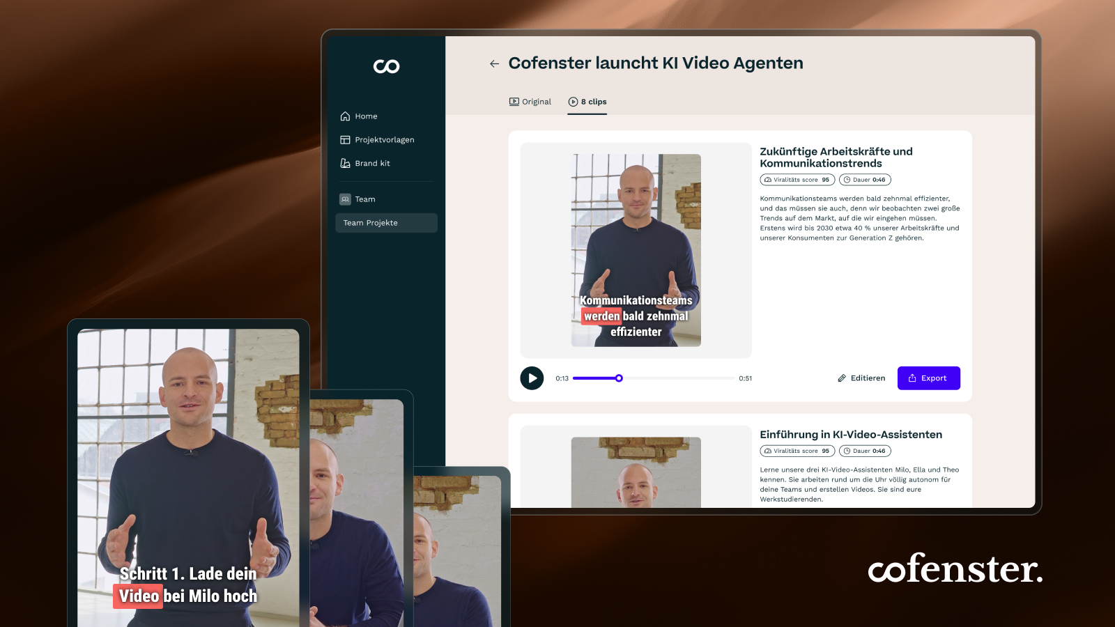 cofenster screenshot: cofensters AI Assistant Milo transforms long videos into short, engaging clips
designed to go viral.

