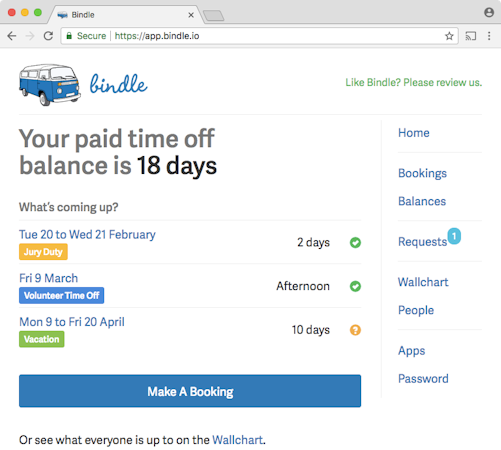 Bindle screenshot: Employees can request multiple types of time-off online through Bindle