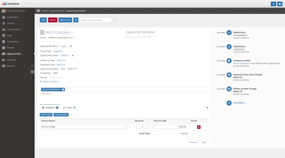 Commissionly Software - Import and store customers, products and opportunities in a CRM format