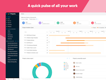Zoho Projects Software - A quick pulse of all your work - The Portfolio dashboard, is a compact overview of all the work that's been happening across projects with widgets that address the project level timeline, status, ownership, budget health, and clients.