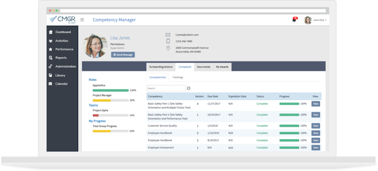 Competency Manager screenshot: Check outstanding actions, completed competencies, documents, contact information, awards, and more from a central location
