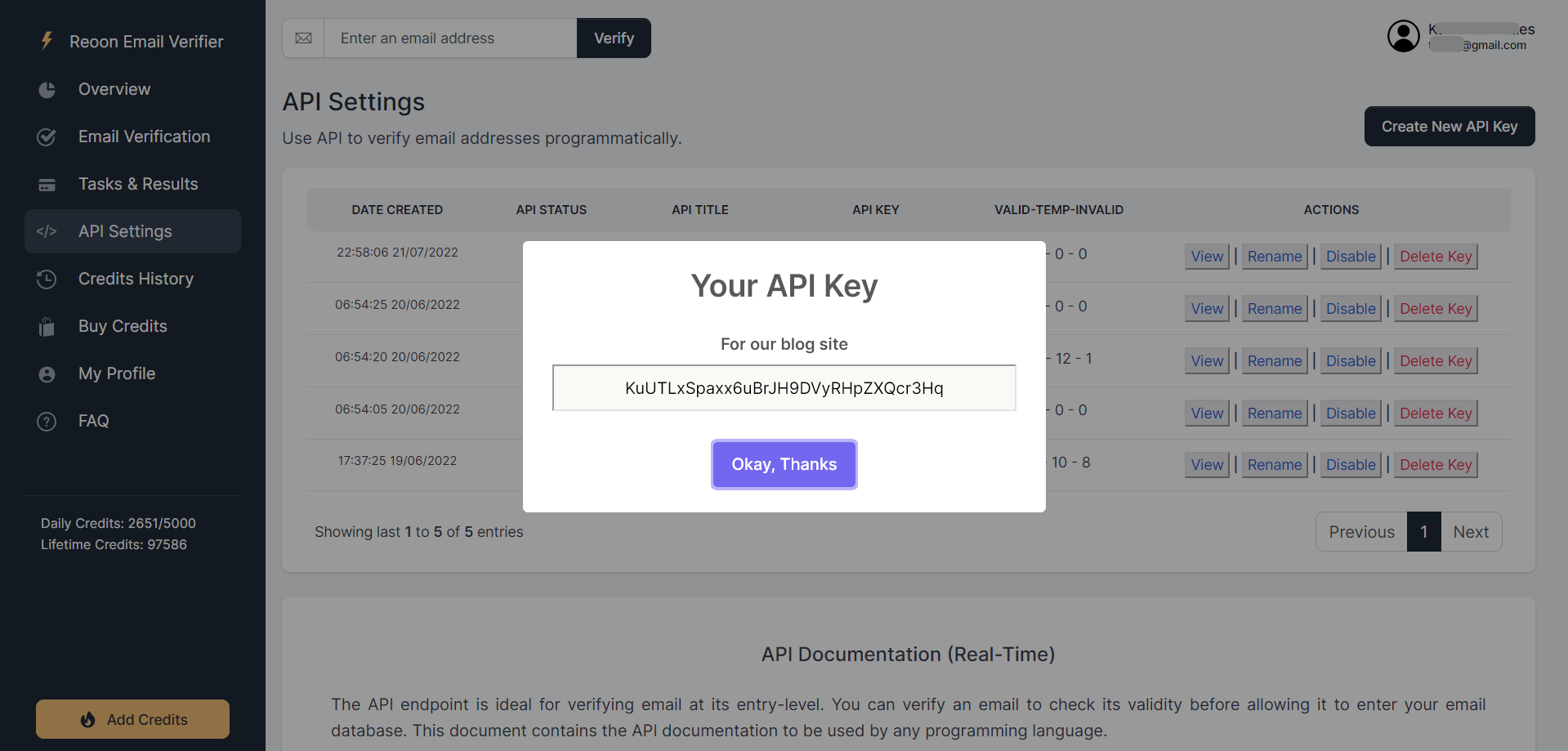 One generated API key for programmatic use of the service and 3rd party integration. Multiple API keys can be created and managed in this section.