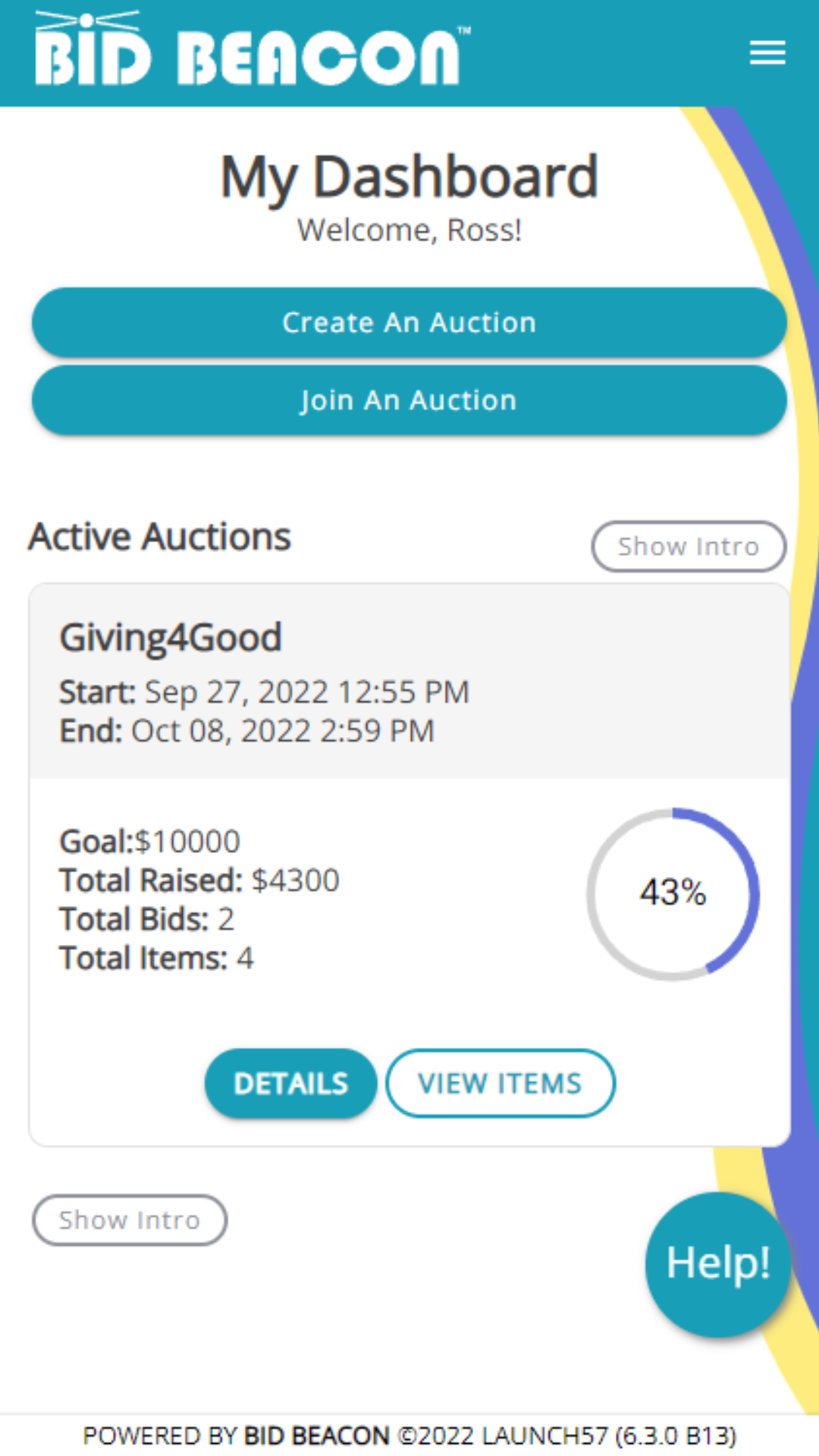 Admin and Guest shared dashboard, view current or past auctions or create your own auction!