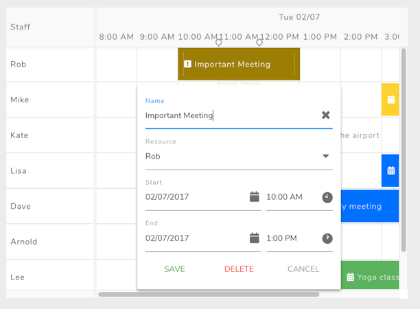 Bryntum screenshot: Scheduling tasks, time slot, and team member ownership