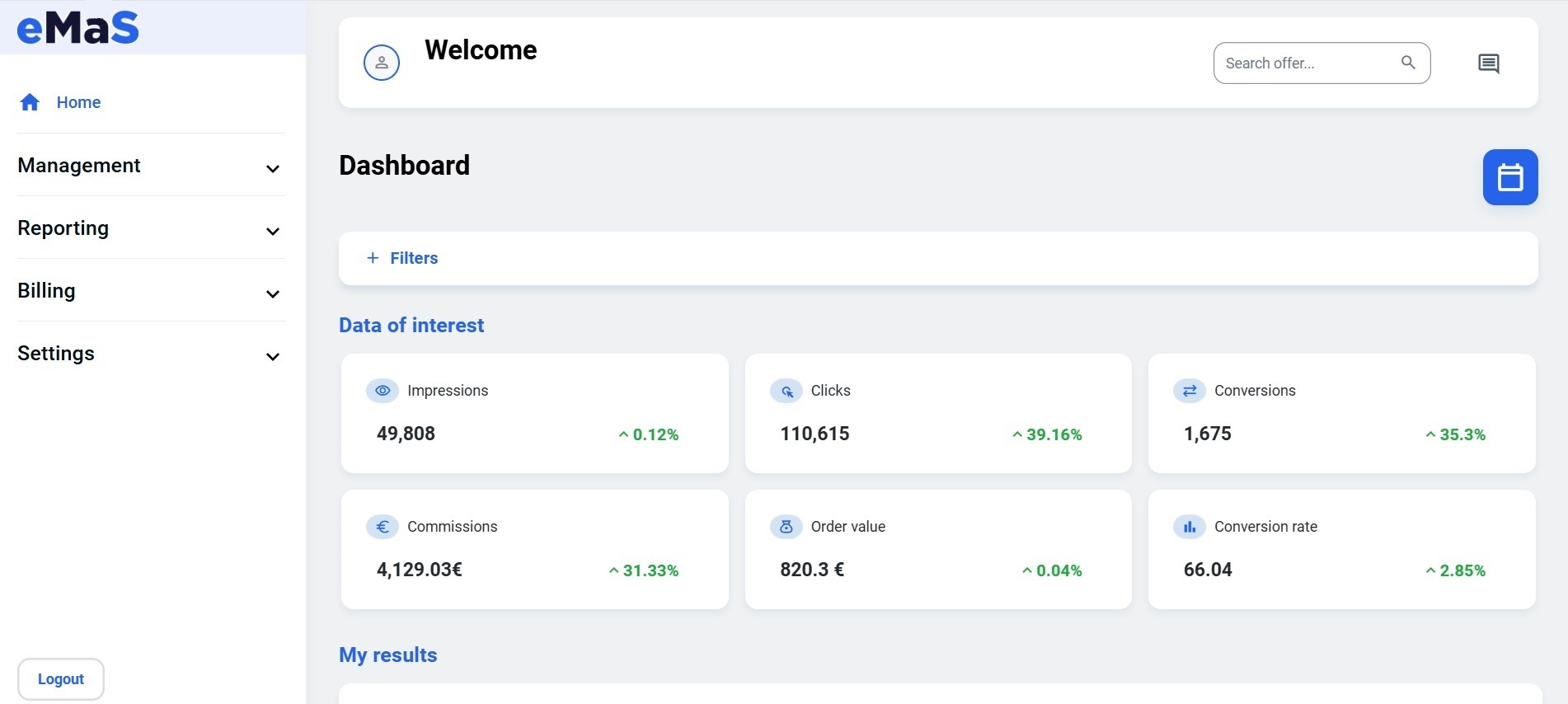 eMaS screenshot: eMaS dashboard administrator