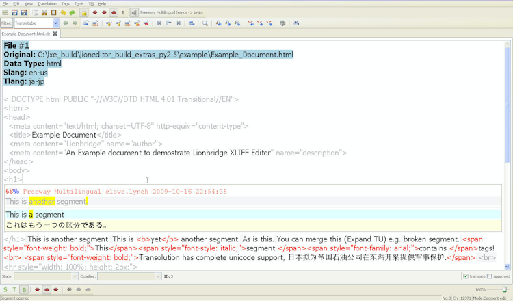 Lionbridge Language Cloud screenshot: Lionbridge Translation Workspace XLIFFEditor en-US