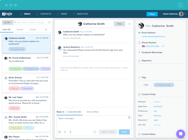 Zingle screenshot: Multi-channel customer communication and team collaboration within one unified inbox