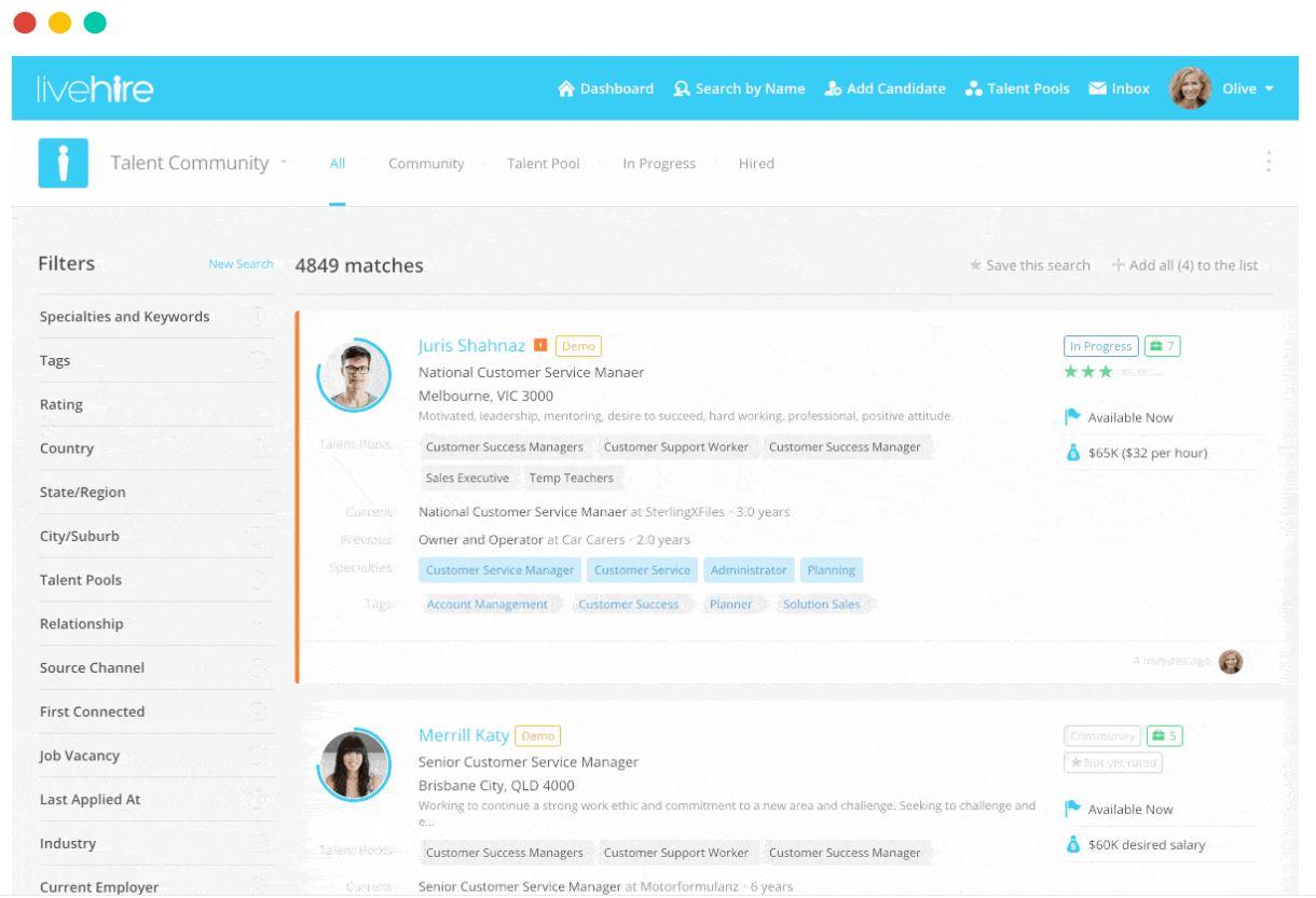 LiveHire candidate profile view