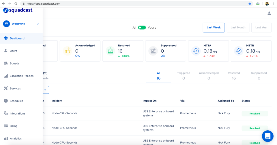 Squadcast main dashboard