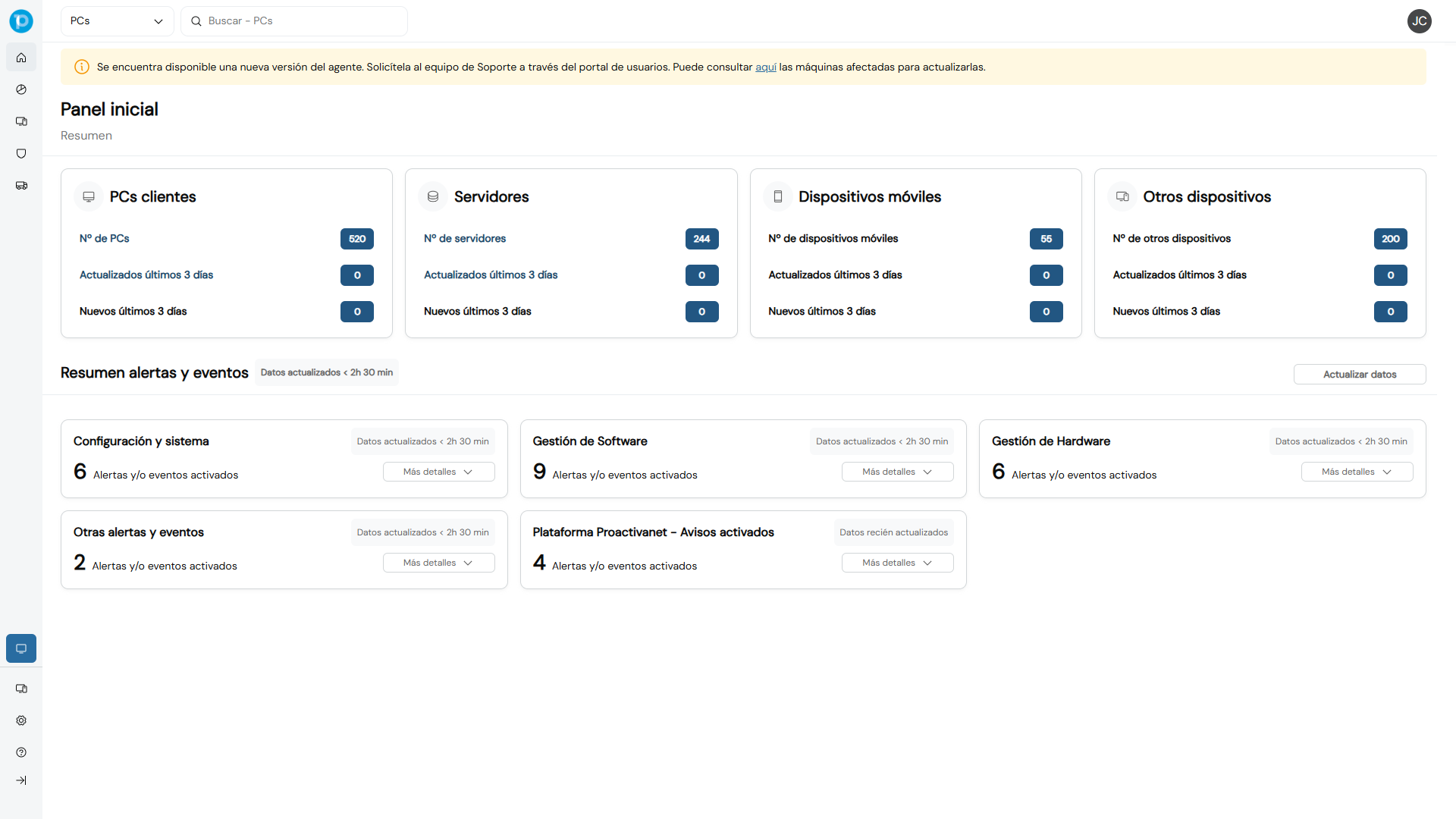Proactivanet screenshot: Panel Inicial de Proactivanet Gestión de Activos TI (ITAM)