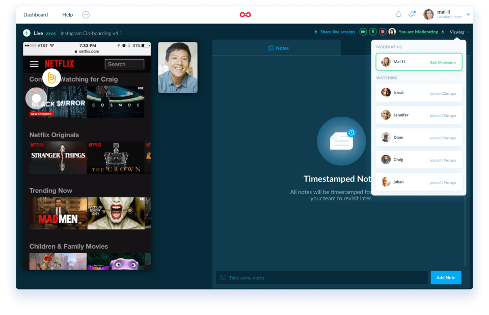 Lookback screenshot: Lookback live sessions