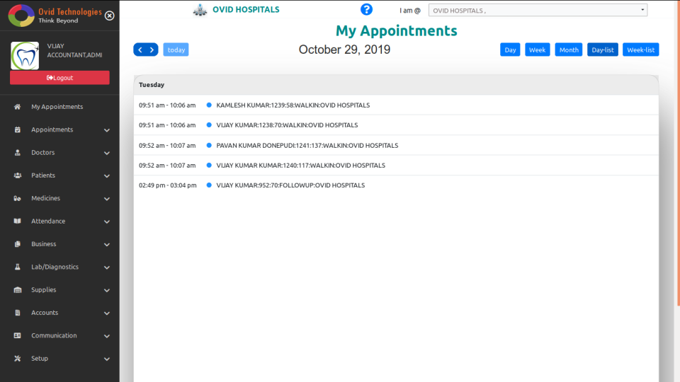 OVID HMS screenshot: OVID HMS appointments