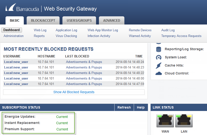 Barracuda Web Security Gateway dashboard