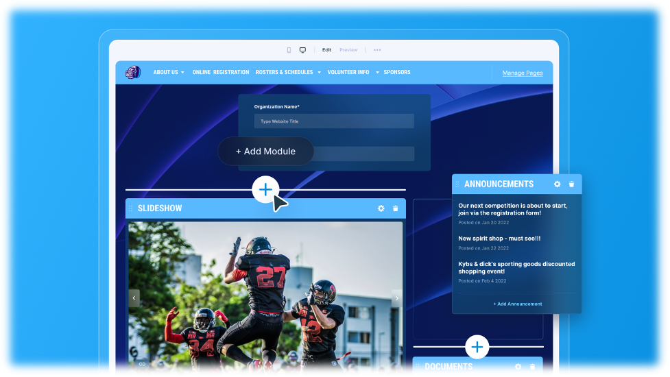 Build a modern, mobile-friendly website for your organization in minutes. Our website features are made for sports volunteers so you don’t have to do any heavy lifting.