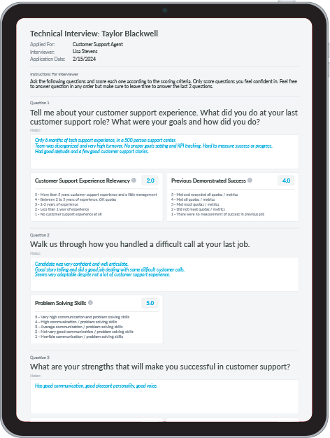 Journeyfront Software - An iPad displaying a digital interview guide from an ATS. The guide includes interview instructions, interview questions, question scoring criteria, and includes sample responses entered by an interviewer.