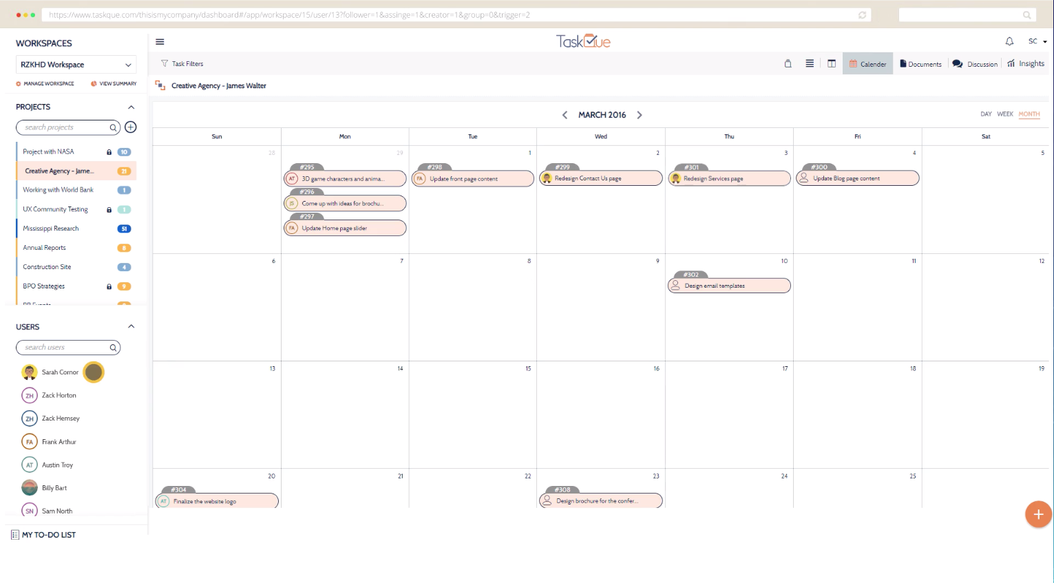 TaskQue calendar