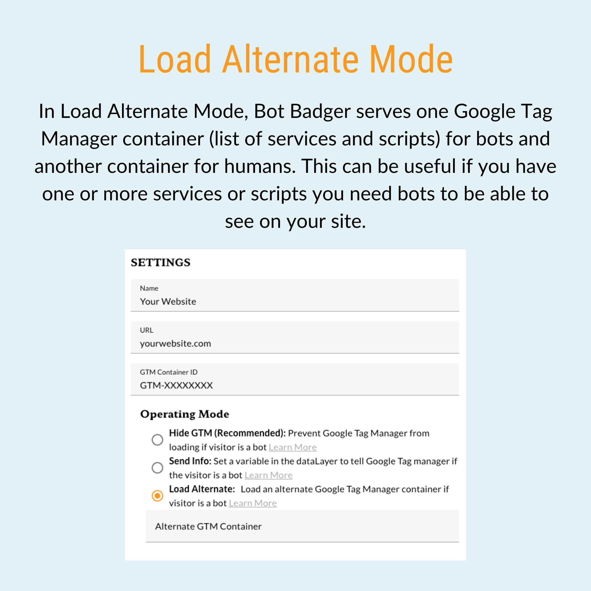 In Load Alternate Mode, Bot Badger delivers different Google Tag Manager containers to bots and humans, optimizing site interactions for both by tailoring the visible services and scripts.