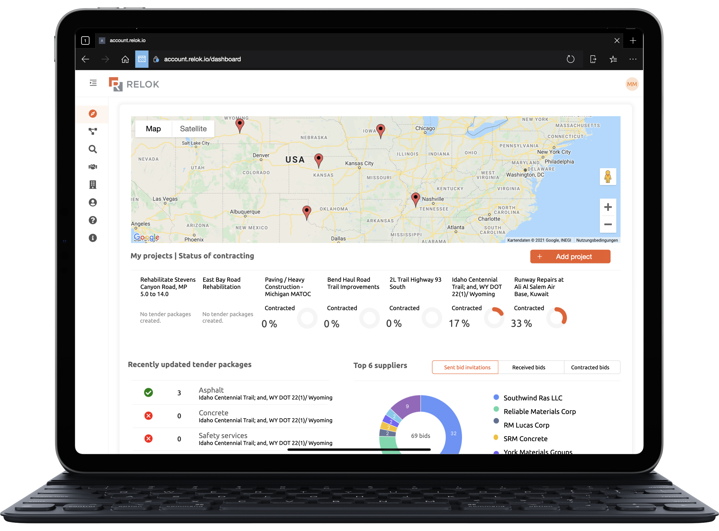 Relok screenshot: Bid management dashboard | Keep informed about all bid status within all your projects. Quickly identify tender packages, which need your support.