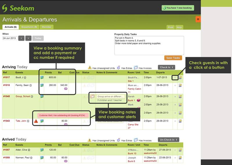 iBex PMS Software - An Arrivals & Departures screen shows expected check-ins on a given day, those pending and those completed – plus quick payment check-in links