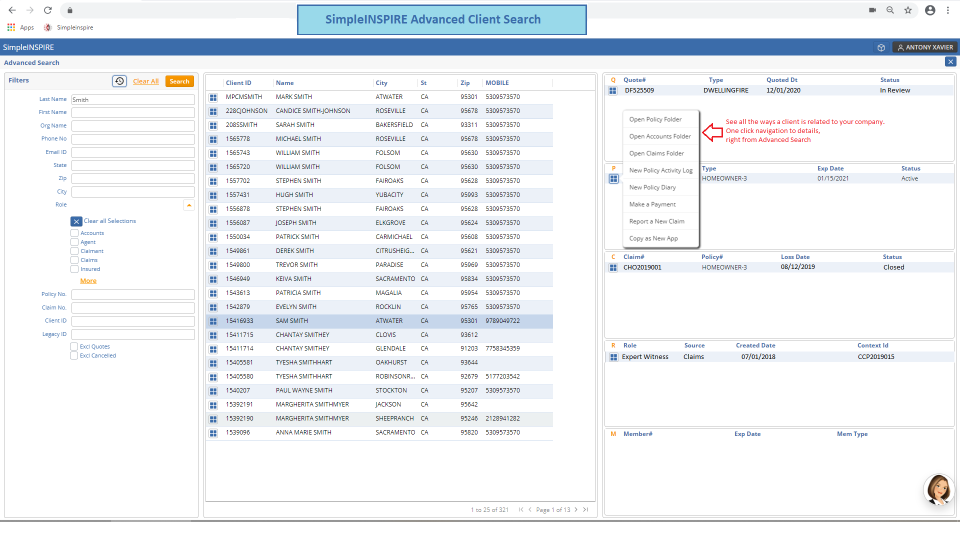 SimpleINSPIRE Software - Advanced Client Search