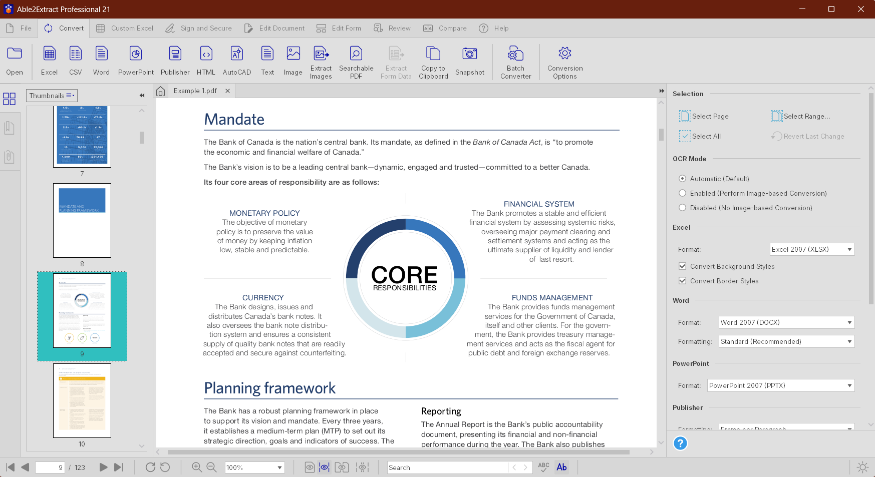Able2Extract Professional screenshot: PDF conversion features in Able2Extract Pro include converting PDF to Excel, CSV, Word, PowerPoint, Publisher, HTML, AutoCAD, Text, 6 image formats; batch converter, extracting images and form data, as well as making PDF searchable. 