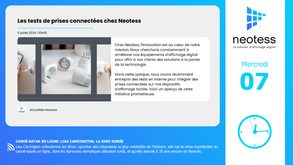 Neotess screenshot: Affichage dynamique de 5 zones avec le logo, la date du jour, l'heure, un bandeau actualités AFP et une zone principale avec les actualités de Neotess.