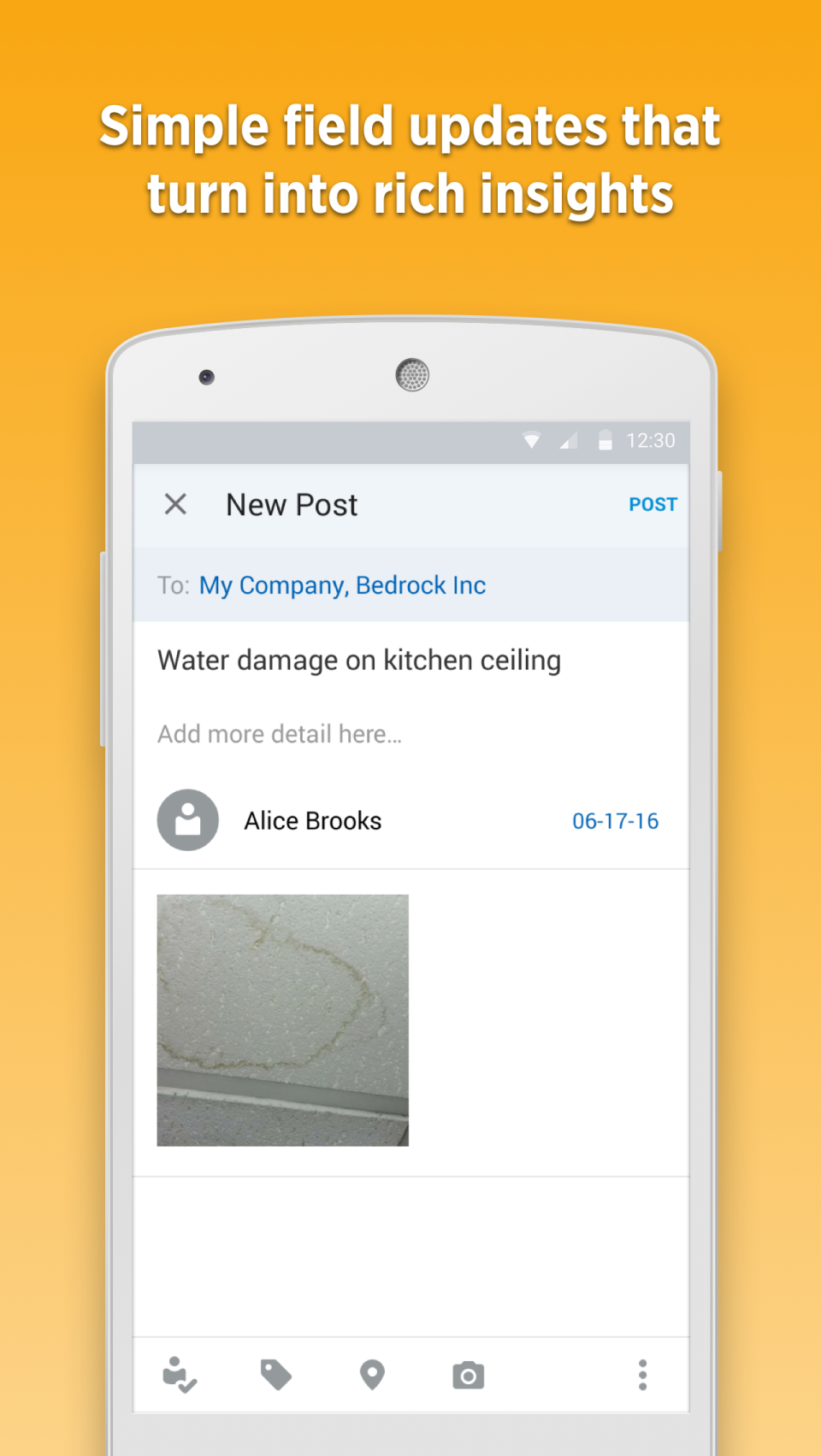 Fieldlens enables users to add photos, videos, and voice recordings to their update posts