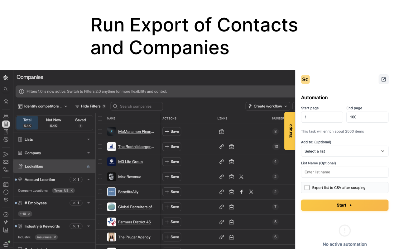 Scrupp screenshot: Dashboard view showing Scrupp’s bulk export workspace, where users can collect profile and company details, enrich contacts with emails and phone numbers, and download structured CSV or XLSX files for outreach.