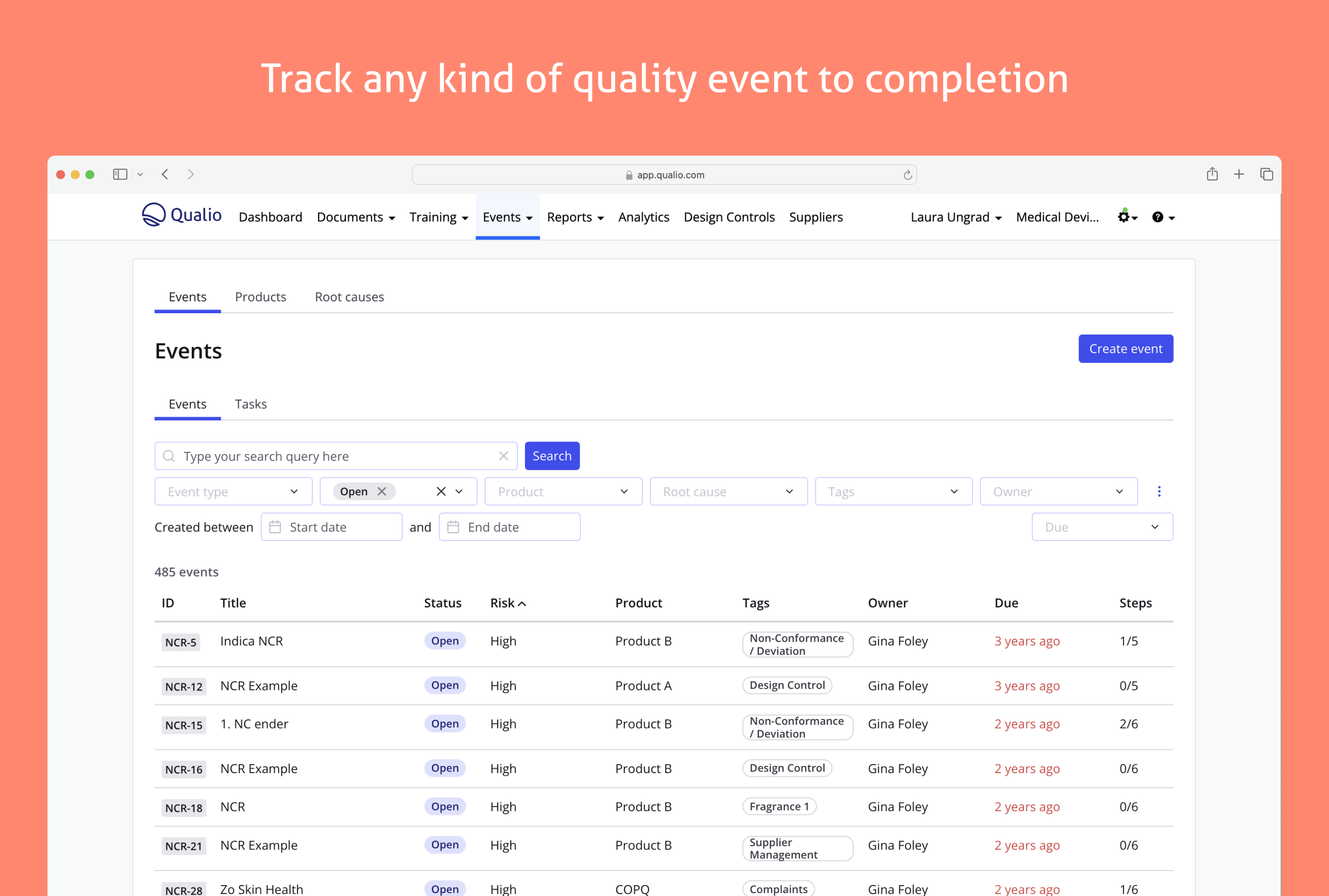 Track any kind of quality event to completion