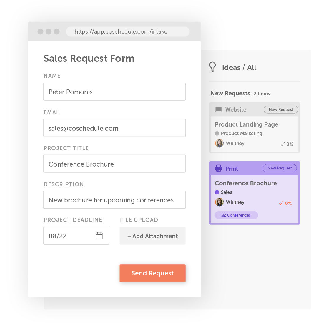 Streamline your project intake process. Create custom, shareable intake forms to gain control over requests. Capture project requirements upon submission to confirm project specifications & complete work faster.