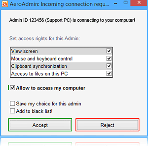 Aeroadmin - Remote session request window