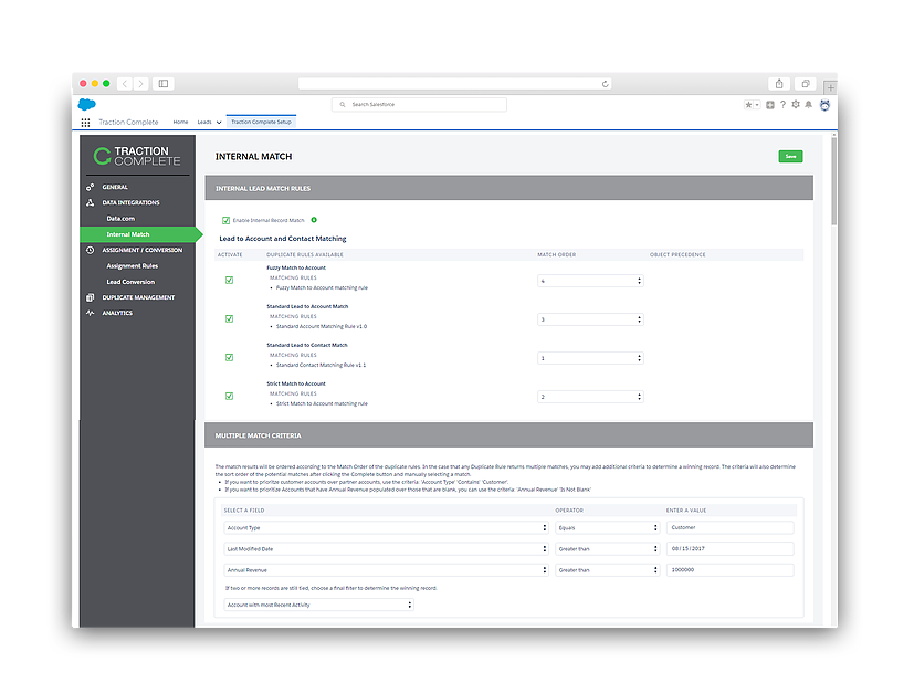 Traction Complete simplifies matching by allowing users to setup custom match rules