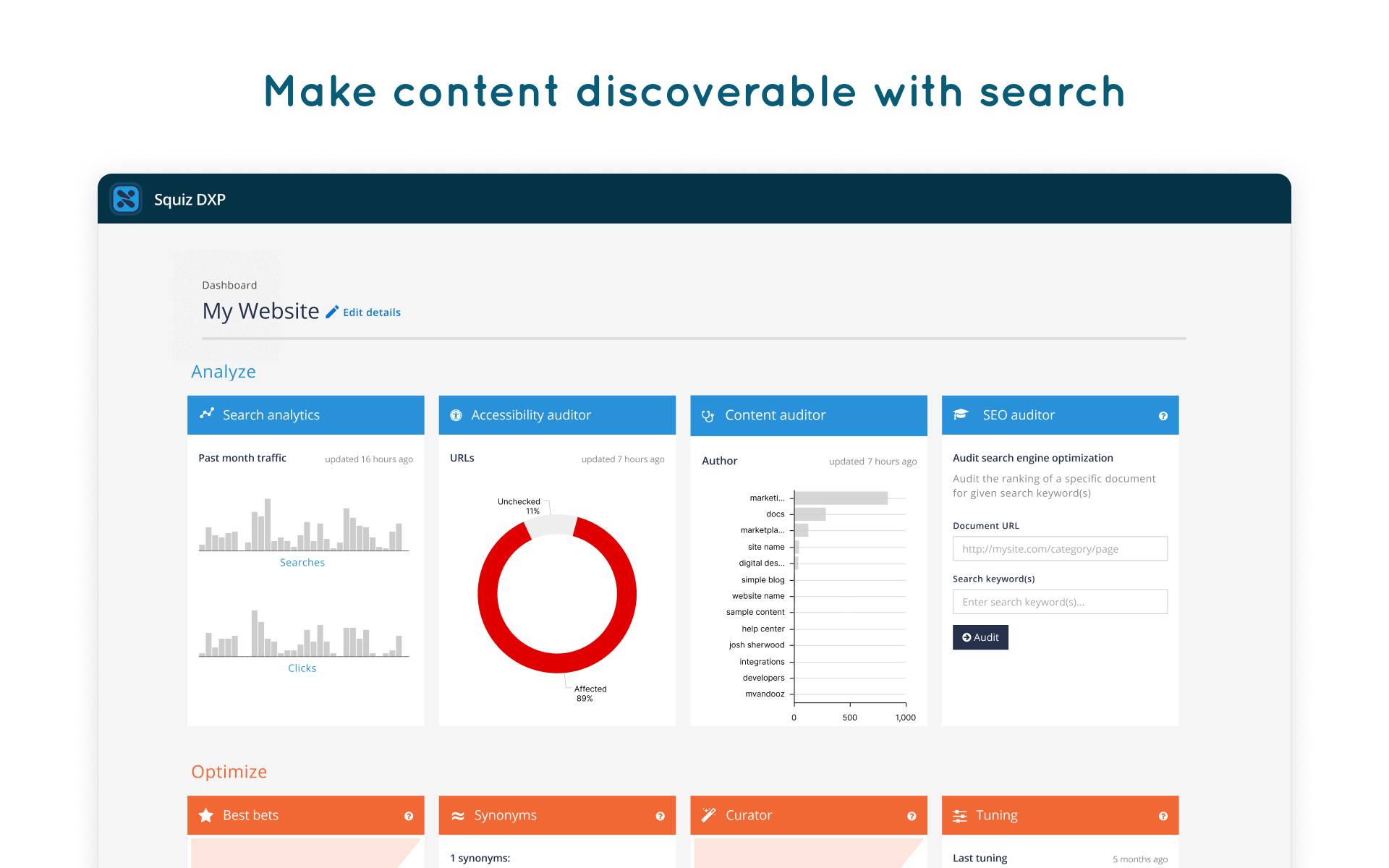 Squiz Digital Experience Platform Software - Set up and manage your search, results and reporting with your Search Dashboard. Curate and tune search results with AI to serve your users relevant content and drive specific actions on your sites.