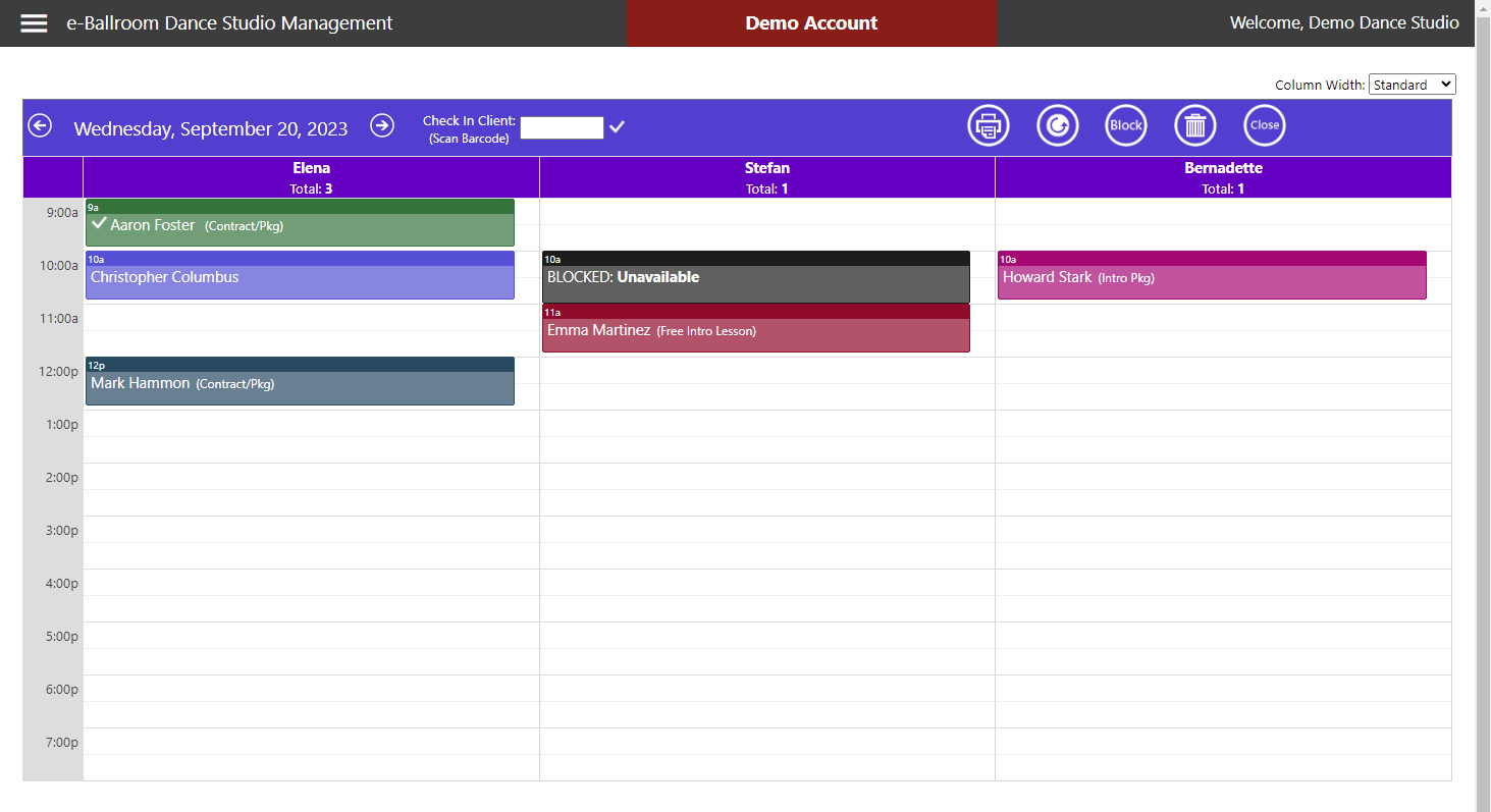 e-Ballroom screenshot: e-Ballroom Private Lesson Booking Screen
