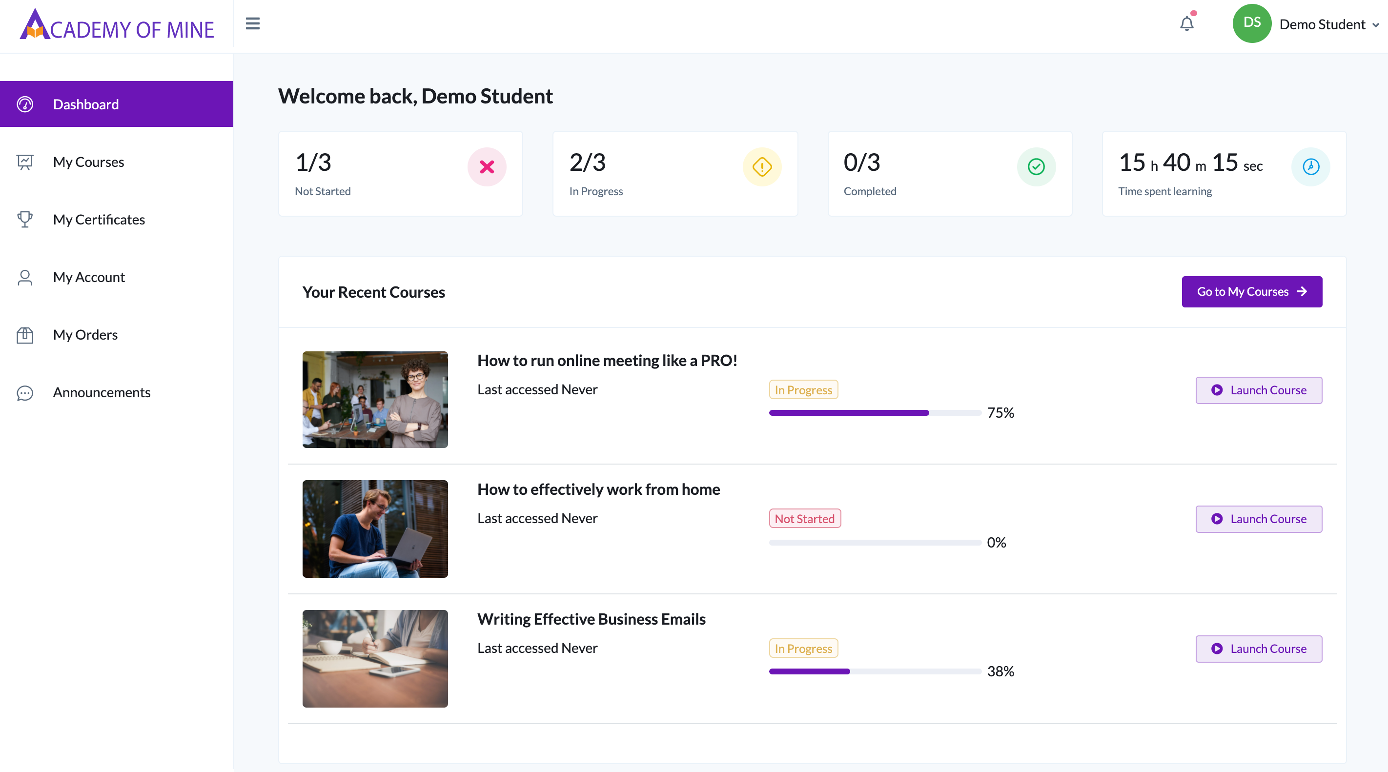 Academy Of Mine Software - Student Dashboard