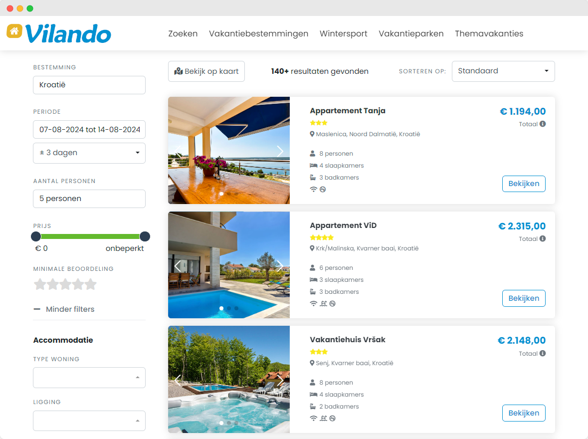 FalcoTravel screenshot: FalcoTravel detailed filter pages