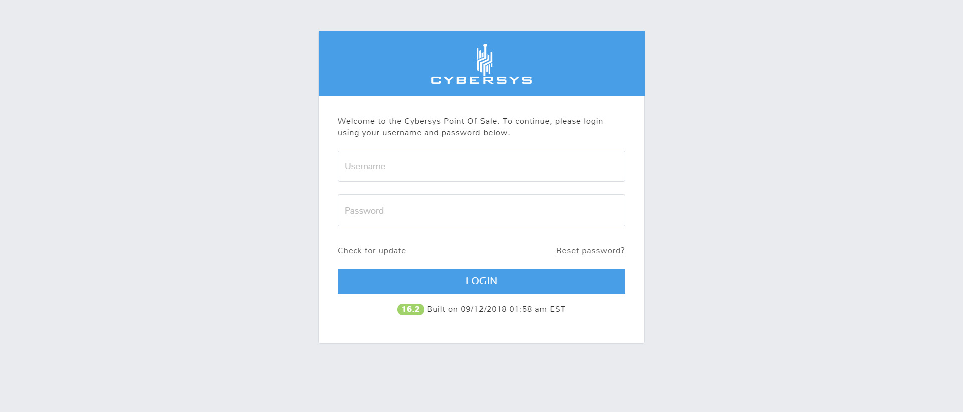 Cybersys POS login screenshot