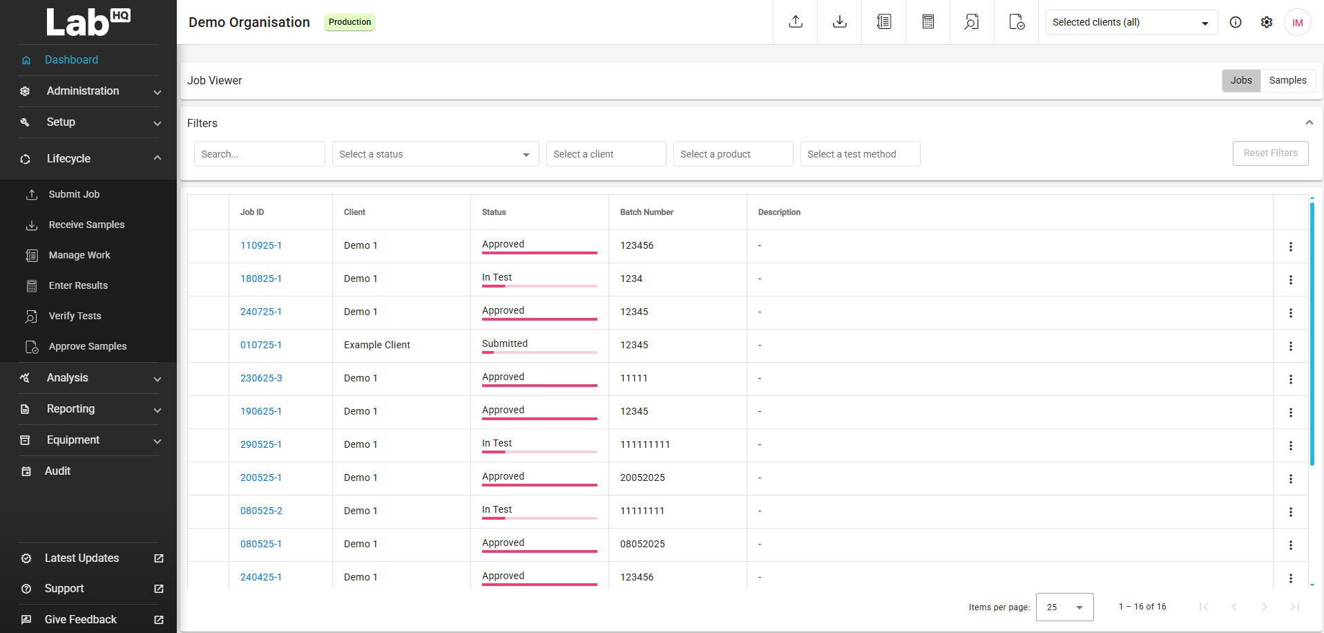 LabHQ LIMS screenshot: LabHQ LIMS job viewer dashboard