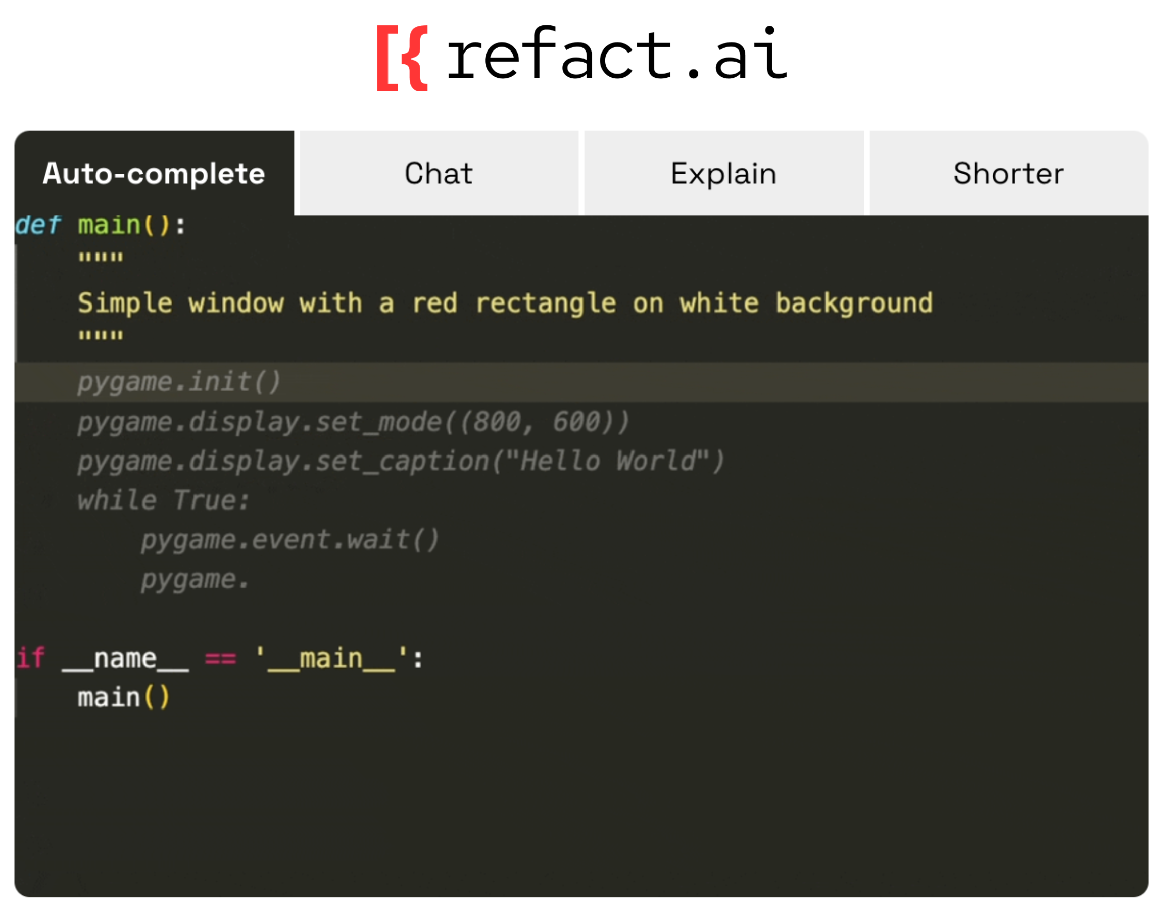 Refact.ai screenshot: Refact offers code completion, refactoring, context-aware chat, and an AI Toolbox which helps explain, refactor your code, write documentation, find bugs, you can also ask in natural language to generate new code for you.