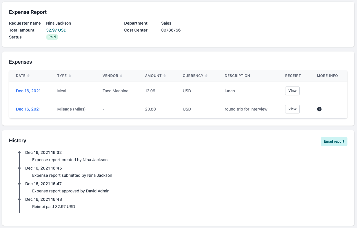 Reimbi screenshot: All expense details in one place, including an audit trail!