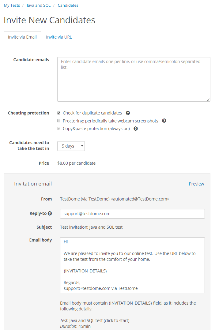 TestDome Software - Invite candidate